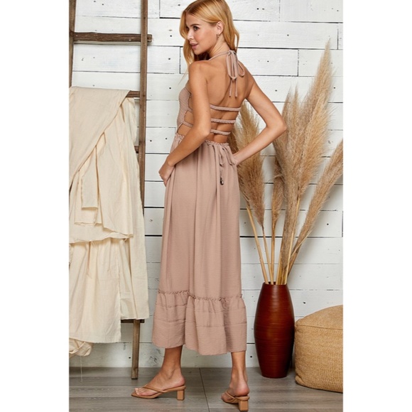 SOLD OUT Nude Bohemian Solid Smocked Open Strappy Back Ruffle Hem Halter Dress - Picture 4 of 5